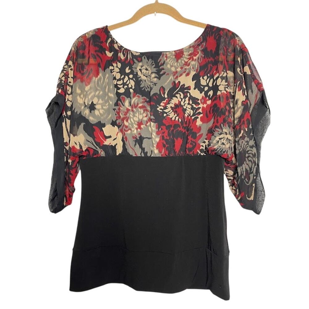 Dressbarn Dark Floral Blouse Medium Kimono Sleeve Vamp Romantic Cocktail Top